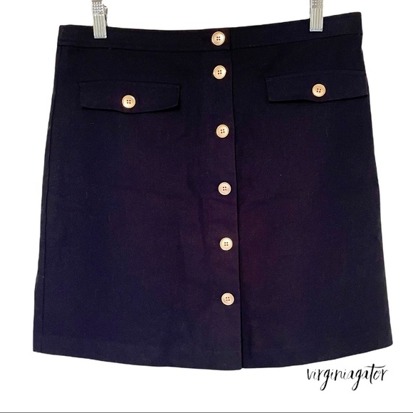 J Crew Factory NWT Navy Blue Linen Blend A-Line Knee Length Button Pocket Skirt - Picture 4 of 11